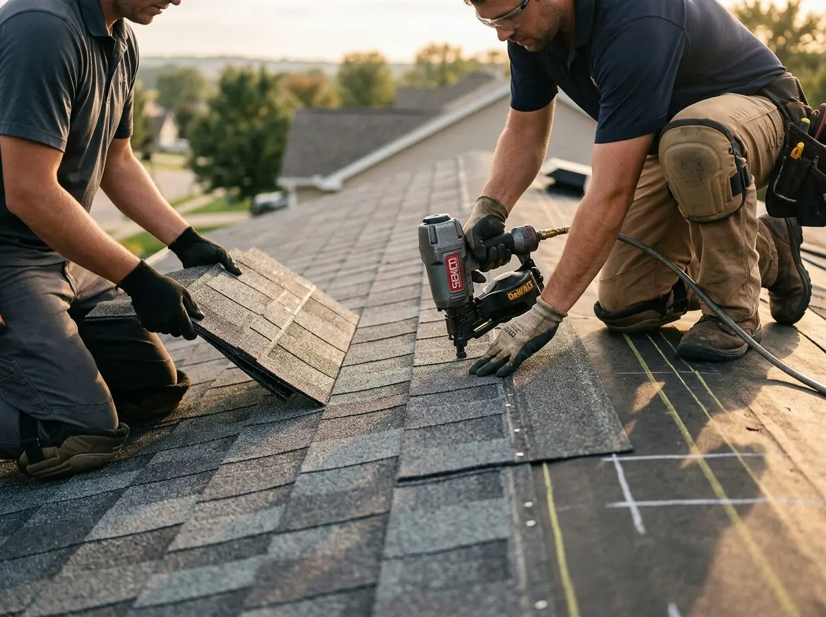 Professional roofer working on a residential roof in Los Alamitos